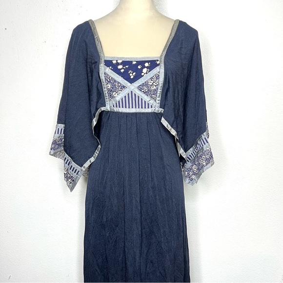 VINTAGE B. Altman & Co 1970s Maxi Dress Gown Navy Silver Calico Vtg 70s Prairie - Picture 2 of 16